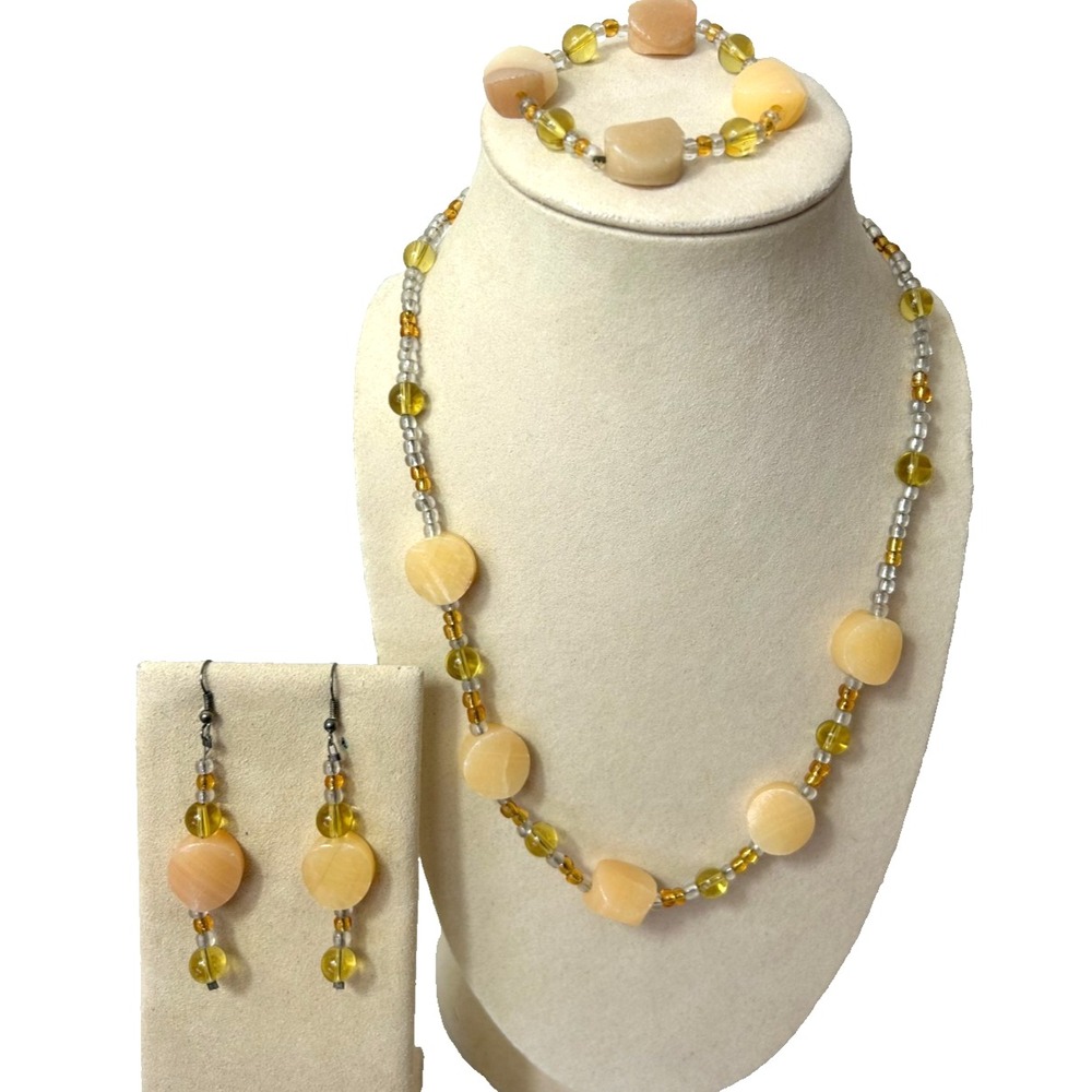 3 Pc Artisan Gemstone Jewelry Set Yellow Stone Necklace Bracelet Earrings Boho
